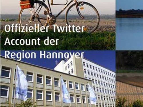 Bild mit Schriftzug "Offizieller Twitter Account der Region Hannover". Zu sehen sind ein Fahrrad im oberen Teil des Bildes und das Regionsgebäude Hildesheimer Straße 20 im unteren Teil.