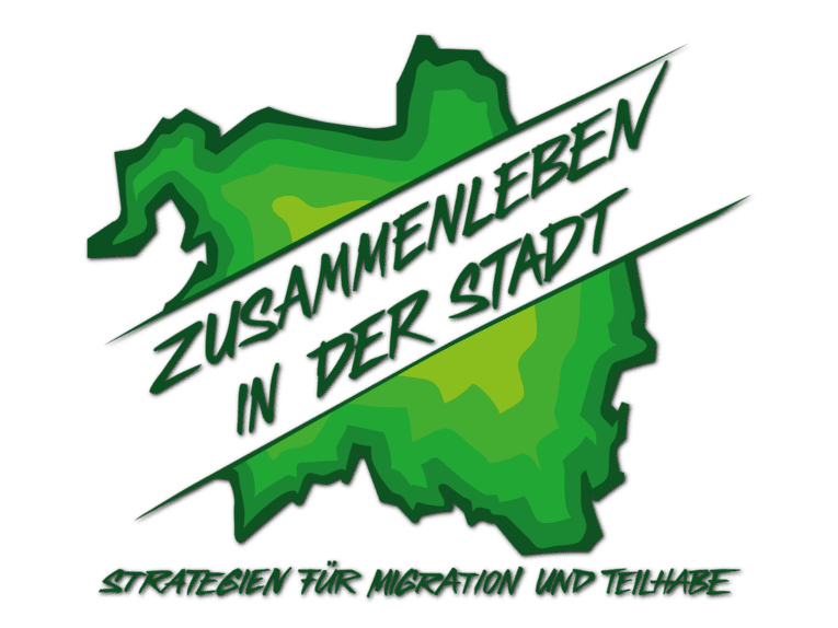 Logo: Umriss der Stadt mit dem Schriftzug "Zusammenleben in der Stadt" in der Mitte. Unten steht der Text "Strategien für Migration und Teilhabe"